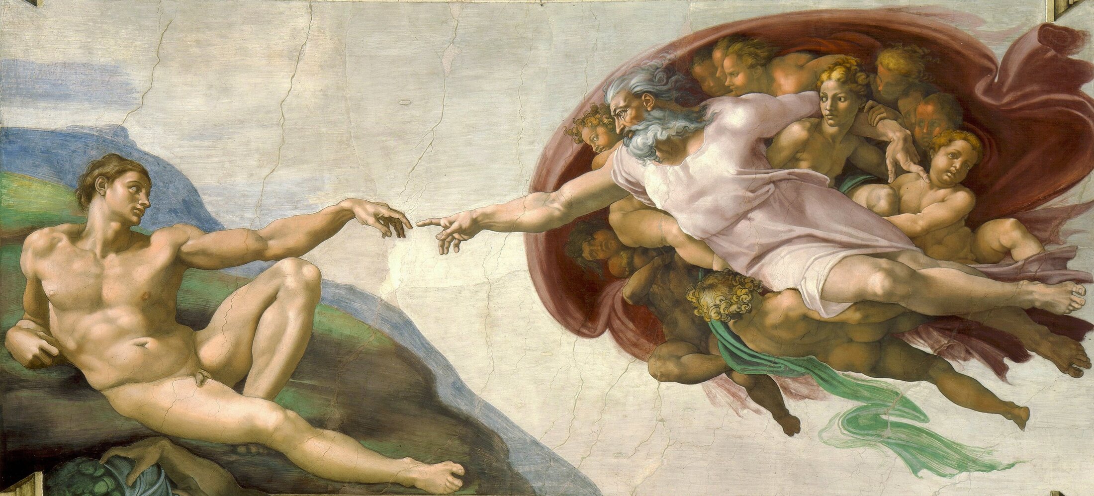 Michelangelo's Creation of Adam: two outstretched hands about to touch