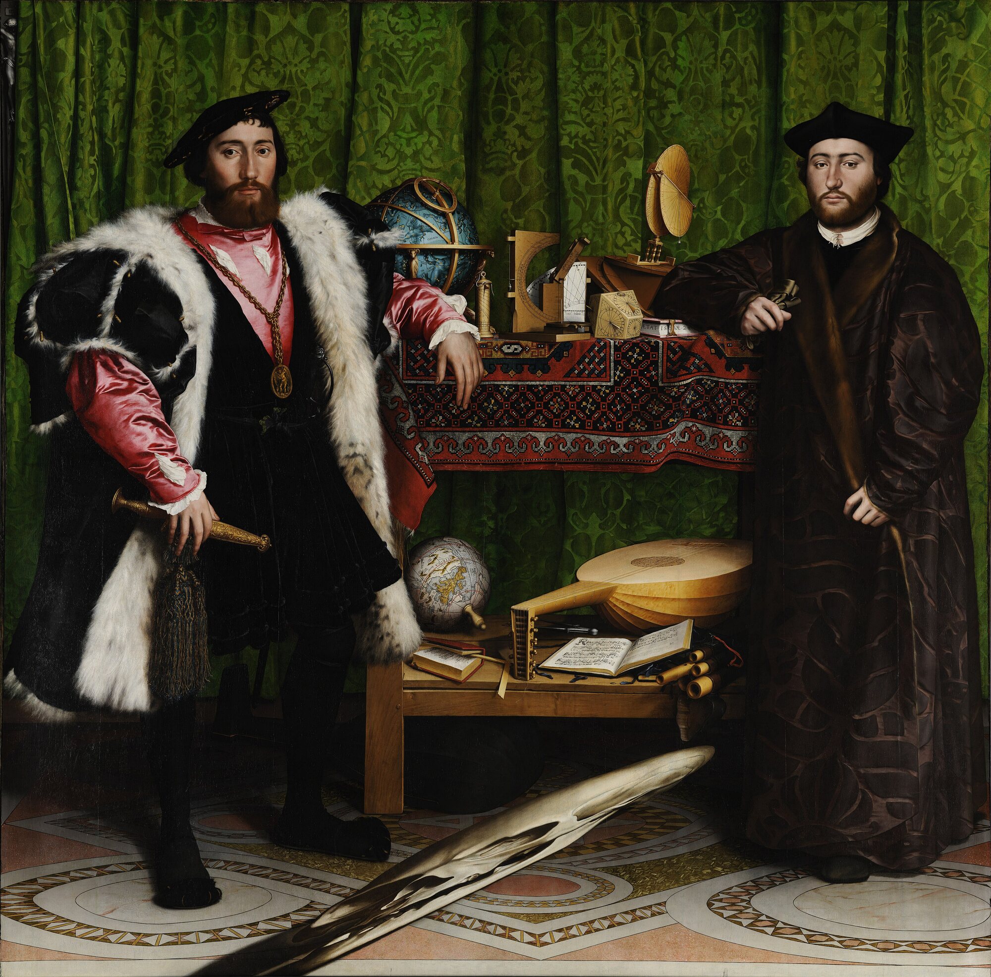 Holbein's The Ambassadors: two men standing either side of shelves of scientific instruments