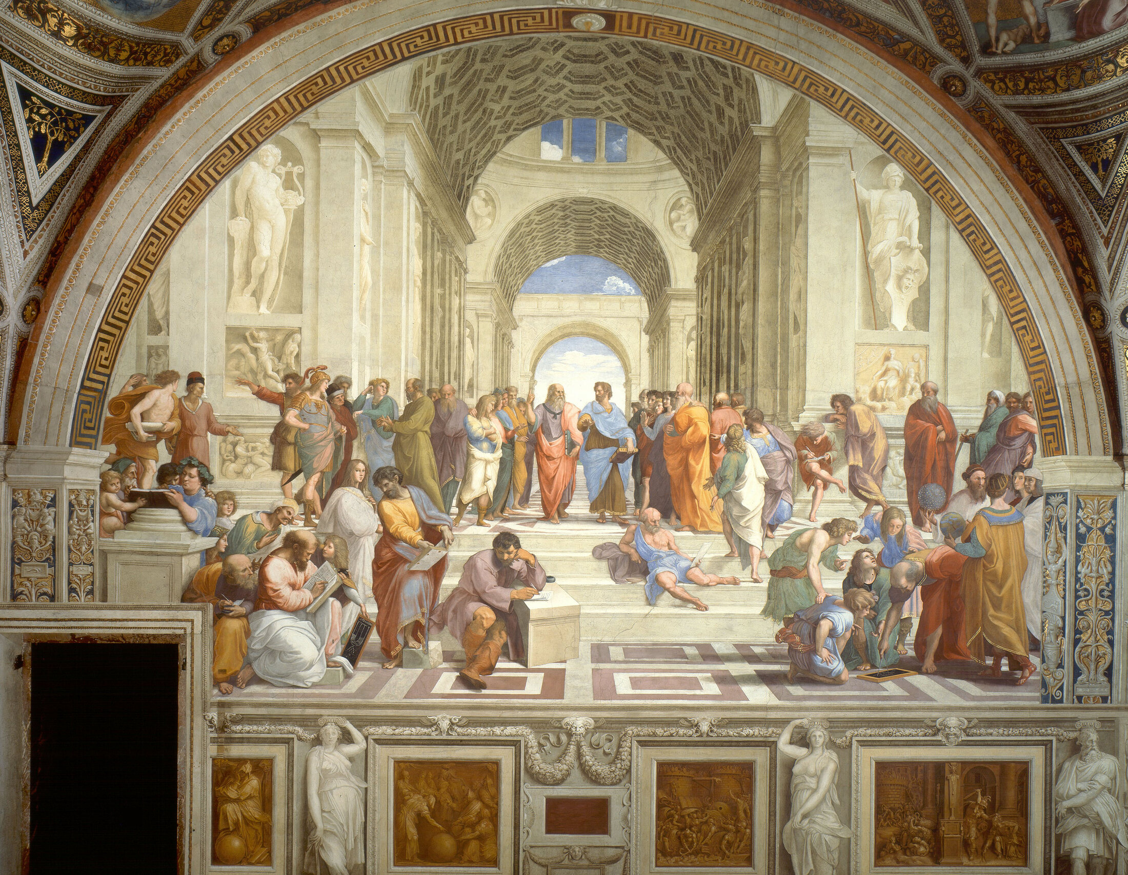 Raphael's School of Athens: philosophers gathered under a great vaulted hall
