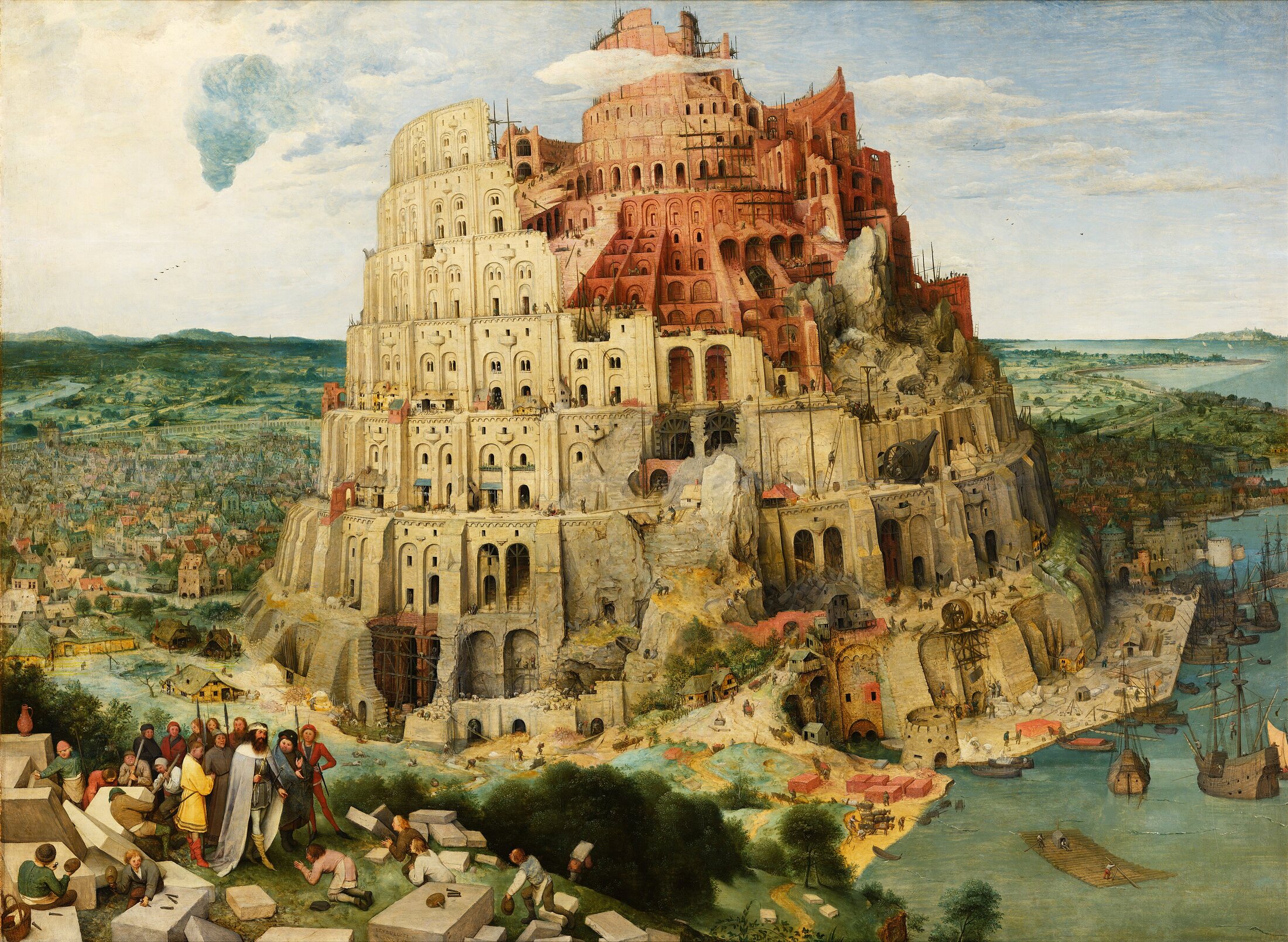 Bruegel's Tower of Babel: a vast tower under construction, covered in scaffolding and cranes